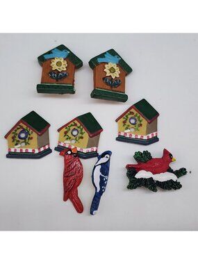 Vintage Birdhouse & Bird Buttons La Mode Sunflower Metal Shank Robin Set Of 7